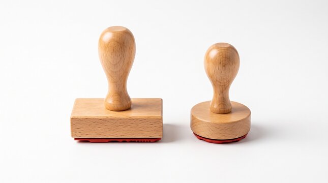 Two wooden rubber stamps with red rubber isolated on white background
