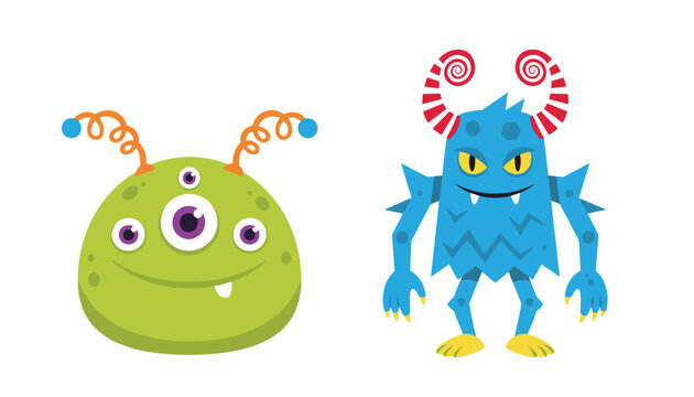A pair of cute cartoon monsters, one green with three eyes and antennas and one blue with curly horns.