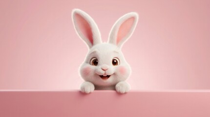 Fototapeta premium Adorable white bunny illustration peeking over a pink ledge, ideal for kids products and holiday ads.