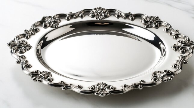 Elegant silver plate with ornate baroque rim sits on white marble table. Luxury metal tableware for formal dining gourmet food presentation. Shiny decorative platter used as wedding centerpiece high