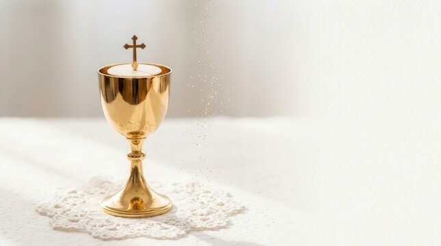 Sacred communion elements with a golden cup, cross, and decorative gold glitter.