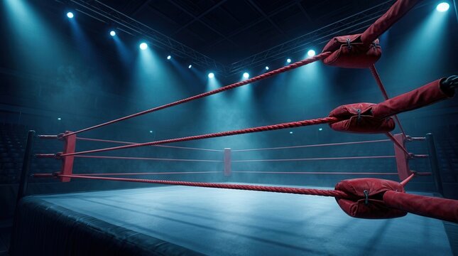Sports venue stage featuring an empty wrestling ring under intense spotlighting.