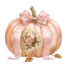 Obraz premium PNG Elegant pumpkin with pink ribbons and floral design, transparent background