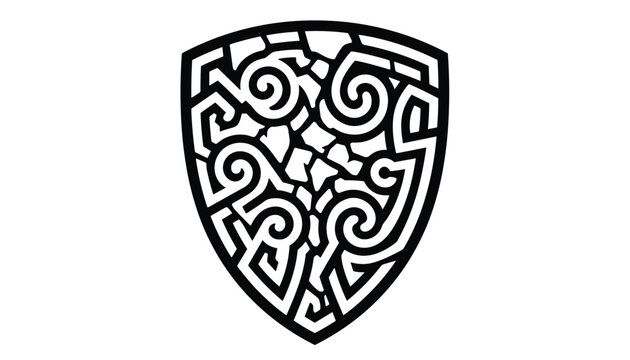 Black shield icon with an intricate maze pattern and tribal swirl motifs for gaming logos and fantasy security emblems.