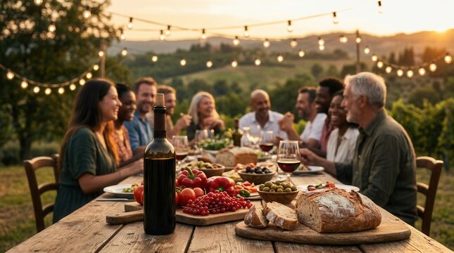 People gathering for a country feast with wine and bread on a long wooden table outdoors.