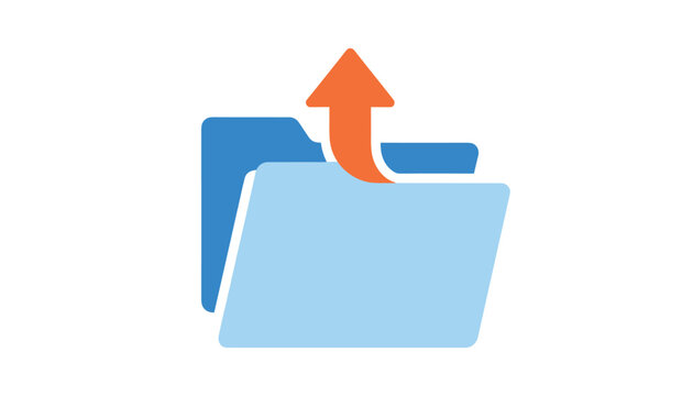 Data migration or file upload concept icon with blue folders and an orange upward arrow indicating transfer.