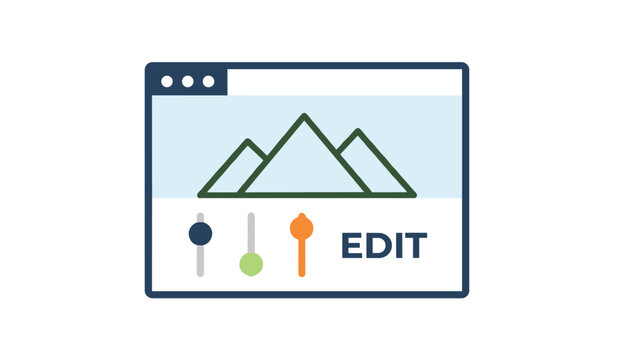 Digital photo editing interface icon featuring mountain landscape graphics and interactive slider controls on a white background.
