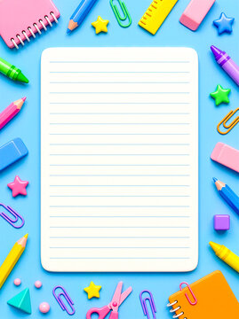 3D back to school stationery frame with blank lined paper copy space