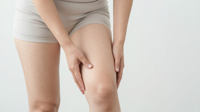Japanese Woman Concerned About Fat Above the Knee and Lower Thigh, Copy space on the right