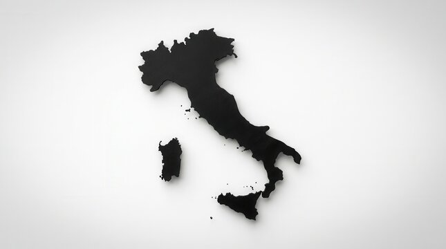 Geography and travel themed simple graphic design showing a black silhouette of Italy map with Sicily and Sardinia islands on white background.
