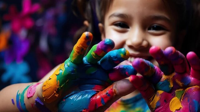 Happy Children's Day Card copy space Text Child hand in colored paint on Background AI Generative