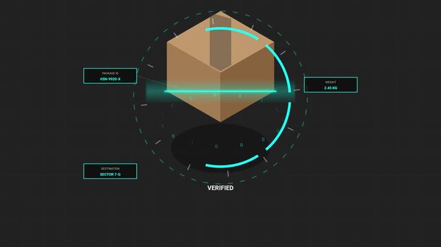 Futuristic Digital Scanning Process of a Shipping Parcel with HUD Interface Information for Modern Logistics and Smart Warehouse Distribution Technology.