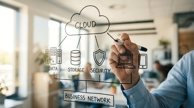 Business professional drawing a cloud computing network diagram on a glass wall in the office.