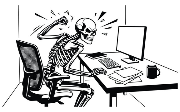 Angry skeleton sitting at a desk working on a computer in a minimalist office setting