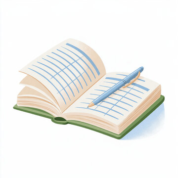 An Open Ledger with a Pen: A classic open ledger book, ready for data entry, with a blue ballpoint pen resting on its lined pages.