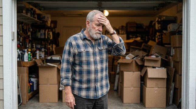 Man looking perplexed and thinking about home organization problems outside his cluttered garage filled with boxes.