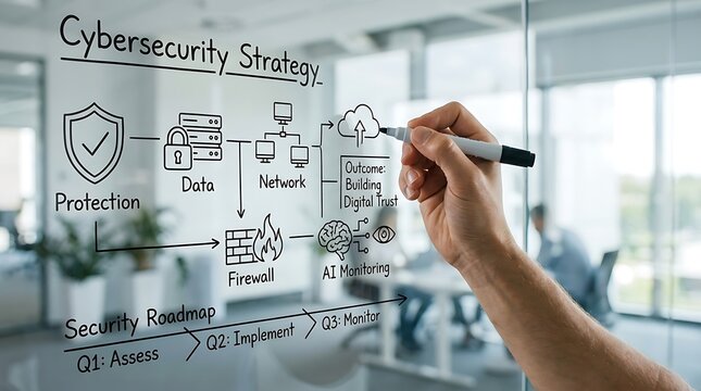 Business professional drawing a cybersecurity strategy roadmap on a glass office wall.