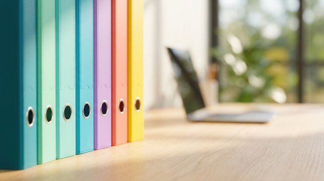 A row of colorful document folders on a modern office desk for essential business organization.