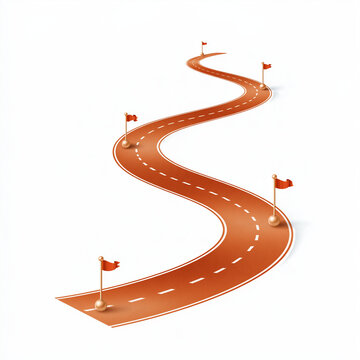 Journey to Success: A winding road marked with red flags symbolizes the path to achieving goals and overcoming obstacles.