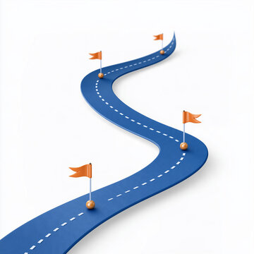 The Winding Road to Success: A vibrant blue, winding road stretches into the distance, marked by orange flags, symbolizing milestones and the journey towards achieving goals.