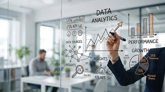 Business professional drawing data analytics charts on a glass wall in a modern office.