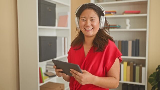 Woman holding tablet and wearing headphones, smiling and tapping the screen in a studio by a bookshelf and potted plant, wearing a red blouse and standing facing viewer; cheerful focus.