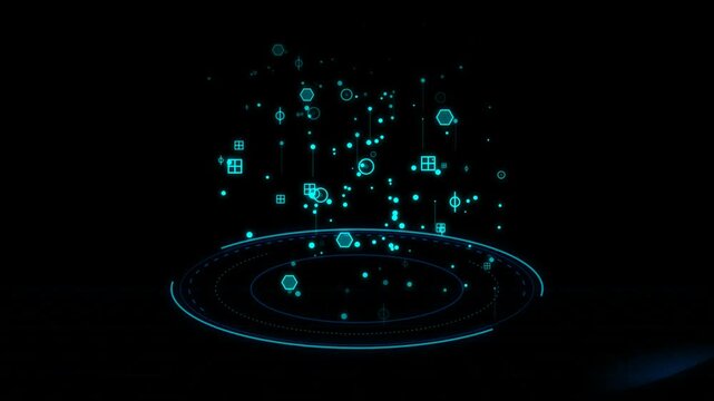 Holographic data visualization with glowing geometric shapes and circular interface elements on a black background