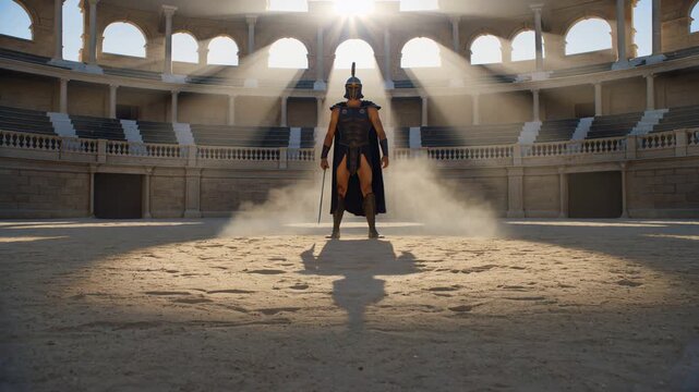 Gladiator in armor walking into ancient roman arena with dramatic sunrays and dust, colosseum battle preparation, epic cinematic slow motion