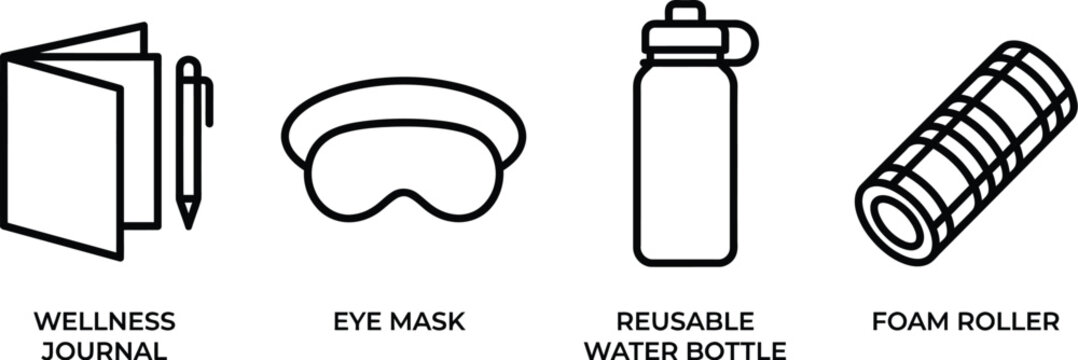 Wellness and selfcare icons set including a journal, eye mask, water bottle, and foam roller