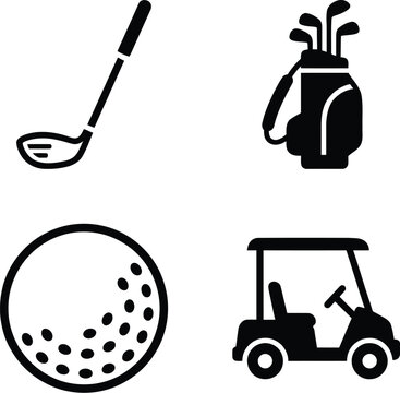 Set of four black golf icons including a golf club, golf bag, golf ball, and golf cart