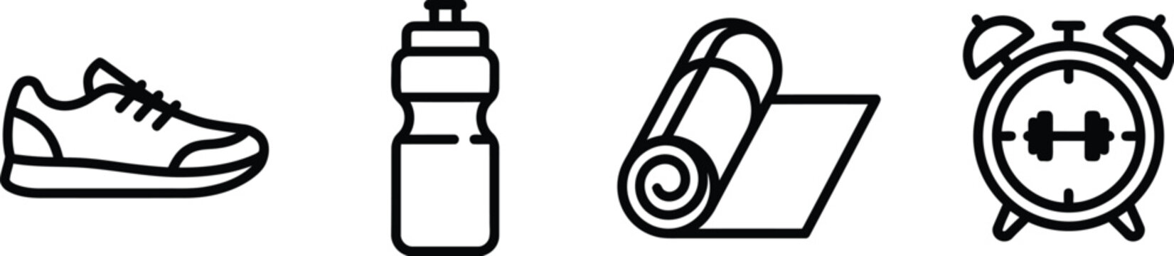 Set of four fitness and workout icons including a running shoe, water bottle, yoga mat, and alarm clock with a dumbbell