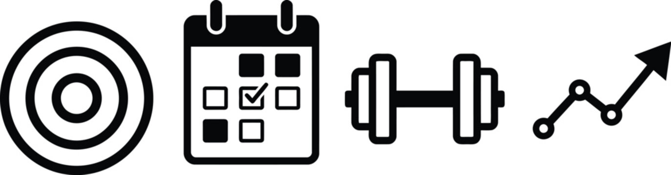 Set of four flat icons representing goal setting, scheduling, fitness training, and progress tracking