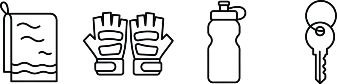 Set of four simple line icons representing gym and fitness accessories