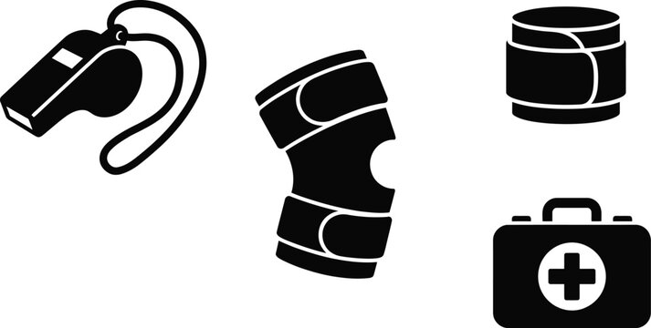 Four black and white outline vector icons representing a whistle, knee brace, wrist wrap, and first aid kit