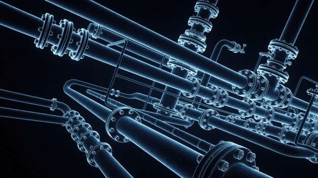 Minimalist 3D wireframe illustration of blue glowing gas pipeline network. Complex industrial pipe system with fittings, joints connects on dark background. Digital schematic shows energy flow,