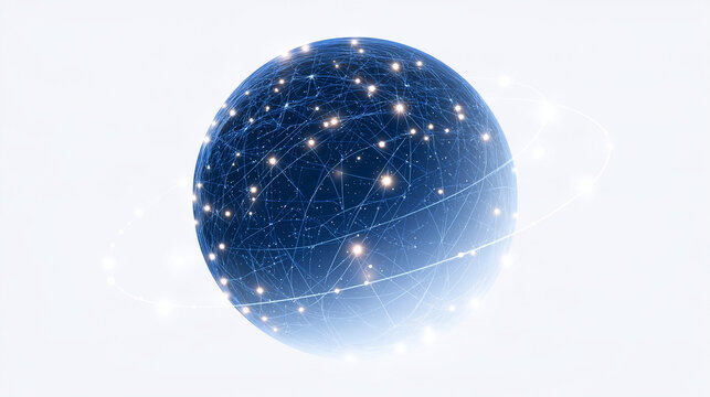 Global Network Sphere: A stunning, luminous blue sphere representing a global network, with interconnected lines and glowing nodes suggesting digital connections and data flow across the world.
