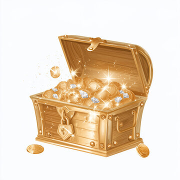 Golden Treasure Chest Overflowing: An ornate, vintage wooden chest, richly adorned and secured with a brass lock, spills open to reveal a dazzling hoard of gold coins and sparkling jewels.