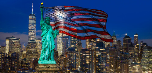 American flag in New York. American flag with liberty statue. USA with American flag. American flag and Manhattan. America with Statue of Liberty. Liberty statue in Manhattan. © Volodymyr