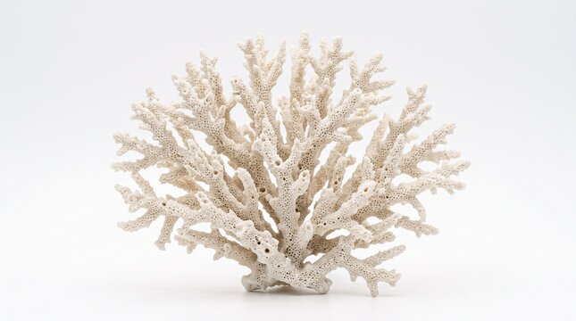 Branching bleached coral skeleton specimen isolated on a white background, featuring intricate porous calcium carbonate structure and natural marine reef formation.