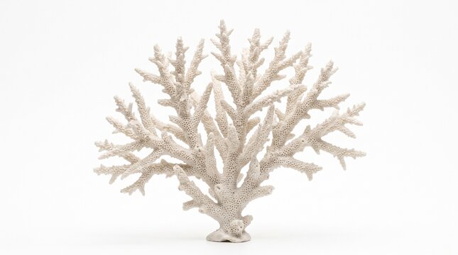 Branching bleached coral skeleton specimen isolated on a white background, featuring intricate porous calcium carbonate structure and natural marine reef formation.
