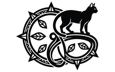 Fototapeta premium Black cat silhouette standing on a decorative circular celtic knot frame with leaf motifs