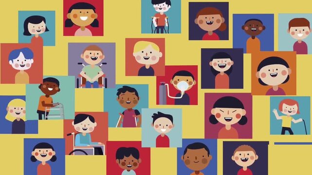 Diverse children with disabilities animation footage showing smiling kids in colorful floating squares video motion design