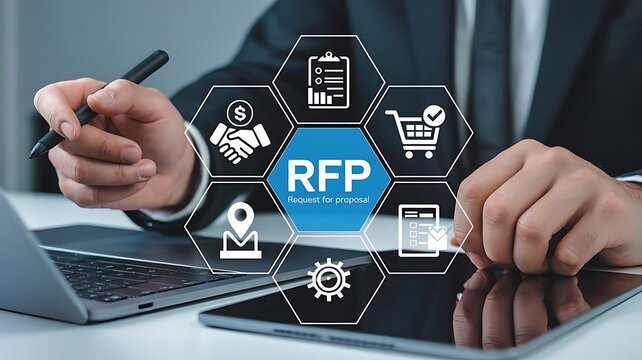 Businessman Managing Digital Request for Proposal RFP Process for Corporate Procurement and Vendor Selection