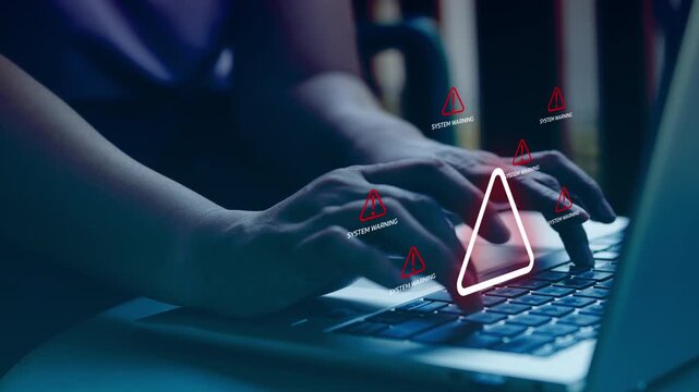 Hands typing on laptop with glowing warning alert and digital interface, cybersecurity threats, system errors, data breach risks, motion, animation, malware detection and online security protection.