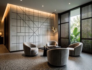 Fototapeta premium Modern hotel lobby features luxury lounge area with four grey velvet armchairs. Stylish black coffee tables sit on mosaic tile floor. Large window with dark wood slats shows tropical garden view.