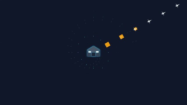 Fast Global Distribution Motion Graphic with Planes and Packages Moving from Central Warehouse Hub on Dark Blue Background for Logistics and Supply Chain Concepts.