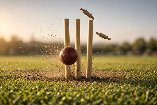 Red leather cricket ball striking wooden stumps and flying bails during intense athletic competition outdoors