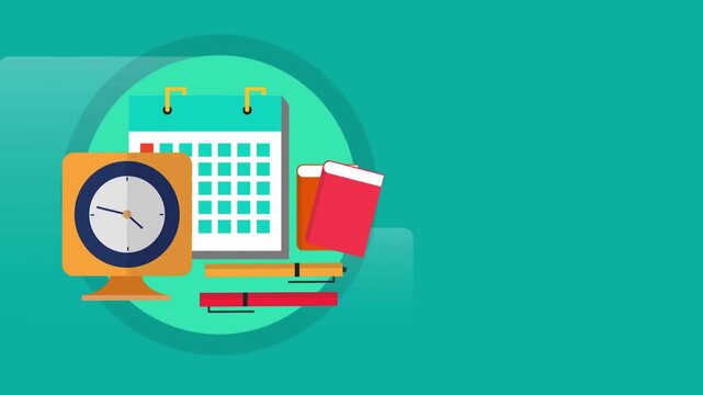 Animated Calendar Clock Book and Pen Vector Illustration for Time Management Schedule Planning Organization and Education Concept Flat Design Isolated on Green Background   