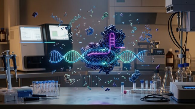 Advanced CRISPR Gene Editing Technology Illustrating DNA Modification Processes in a Modern Laboratory Setting