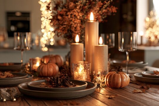 Cozy Thanksgiving table setting with lit candles and autumn pumpkins